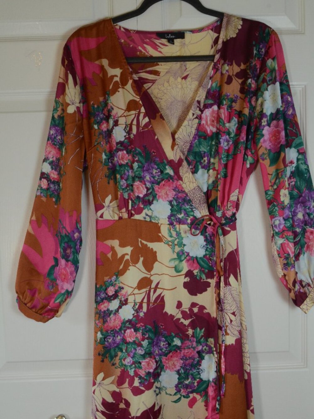 Lulus Floral Wrap Maxi Dress Boho Cottagecore Long Sleeve Wedding Guest Size L - Picture 3 of 8